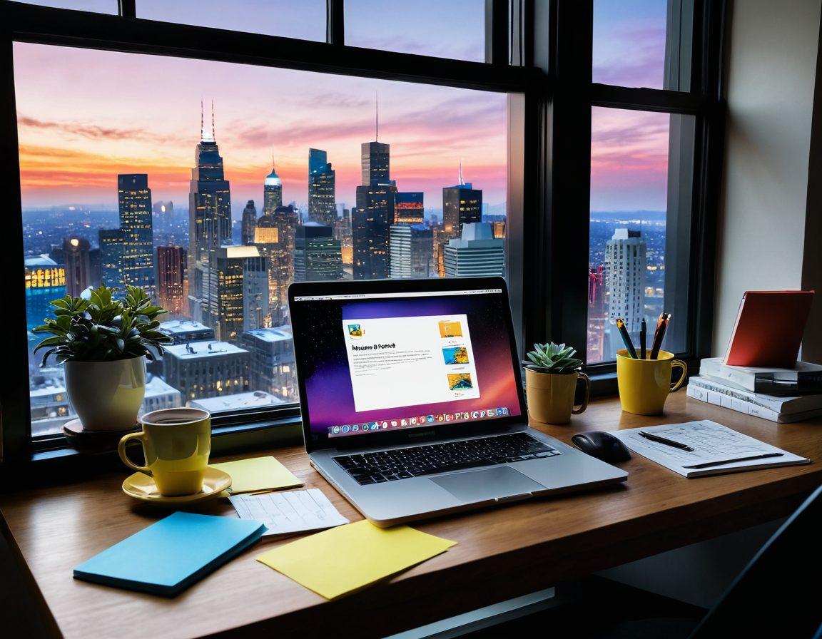 A modern digital workspace featuring a laptop open to a vibrant blogging platform, surrounded by colorful notes, a steaming coffee cup, and books on blogging strategies. Behind, a large window shows a bright city skyline, symbolizing digital success. The scene conveys a sense of creativity and productivity, with a warm, inviting ambiance. super-realistic. vibrant colors. warm lighting.