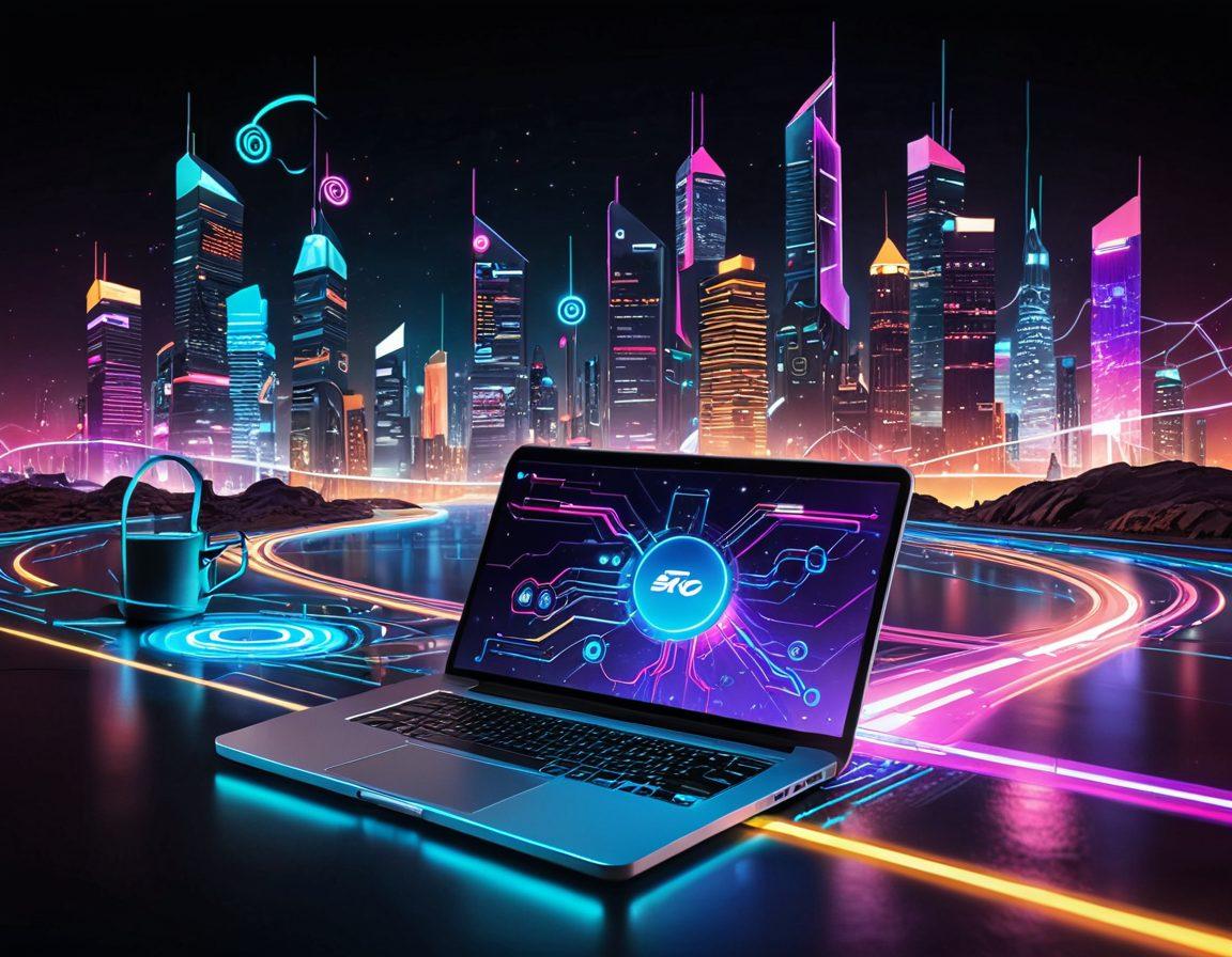 A stylized digital landscape featuring a winding road made of keywords and SEO elements, with vibrant symbols of marketing zoals social media icons, graphs, and analytics rising from the ground. In the background, a laptop glows brightly, surrounded by an array of colorful blog posts and articles floating in the air. The scene should convey a sense of discovery and mastery, inviting readers to embark on their blogging journey. vibrant colors. cyberpunk.