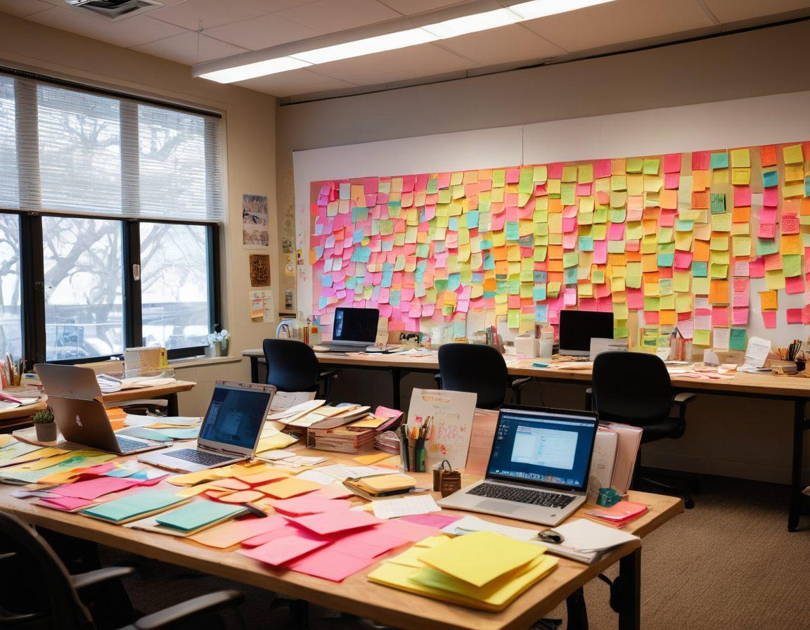 A creative workspace featuring a diverse group of writers brainstorming over laptops, surrounded by colorful sticky notes and mood boards. In the background, a large whiteboard filled with ideas and sketches representing online content strategies. The scene is vibrant and energetic, showcasing collaboration and innovation. super-realistic. vibrant colors. warm lighting.